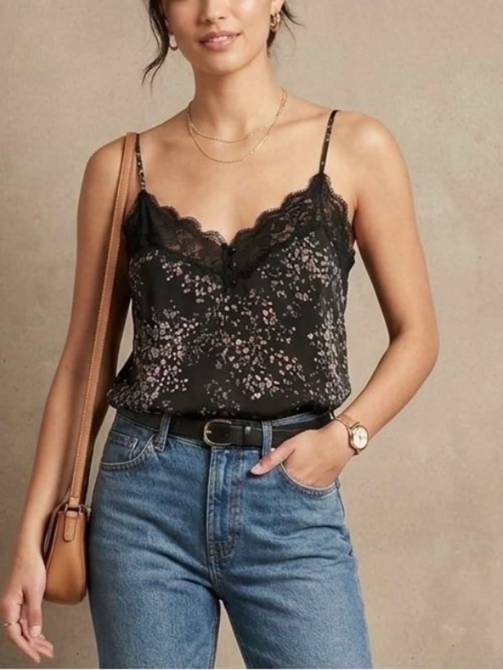 Abercrombie & Fitch Black Lace-Trim Floral Cami Top Y2K 90’s Grunge Indie Sleaze